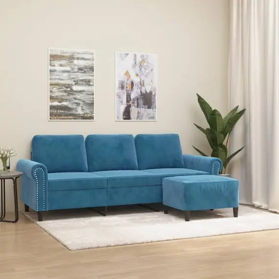 3-osobowa sofa z podnóżkiem, niebieska, 180 cm, aksamit Lumarko! - Hurtownia wielobranżowa Lumarko Oferta limitowana
